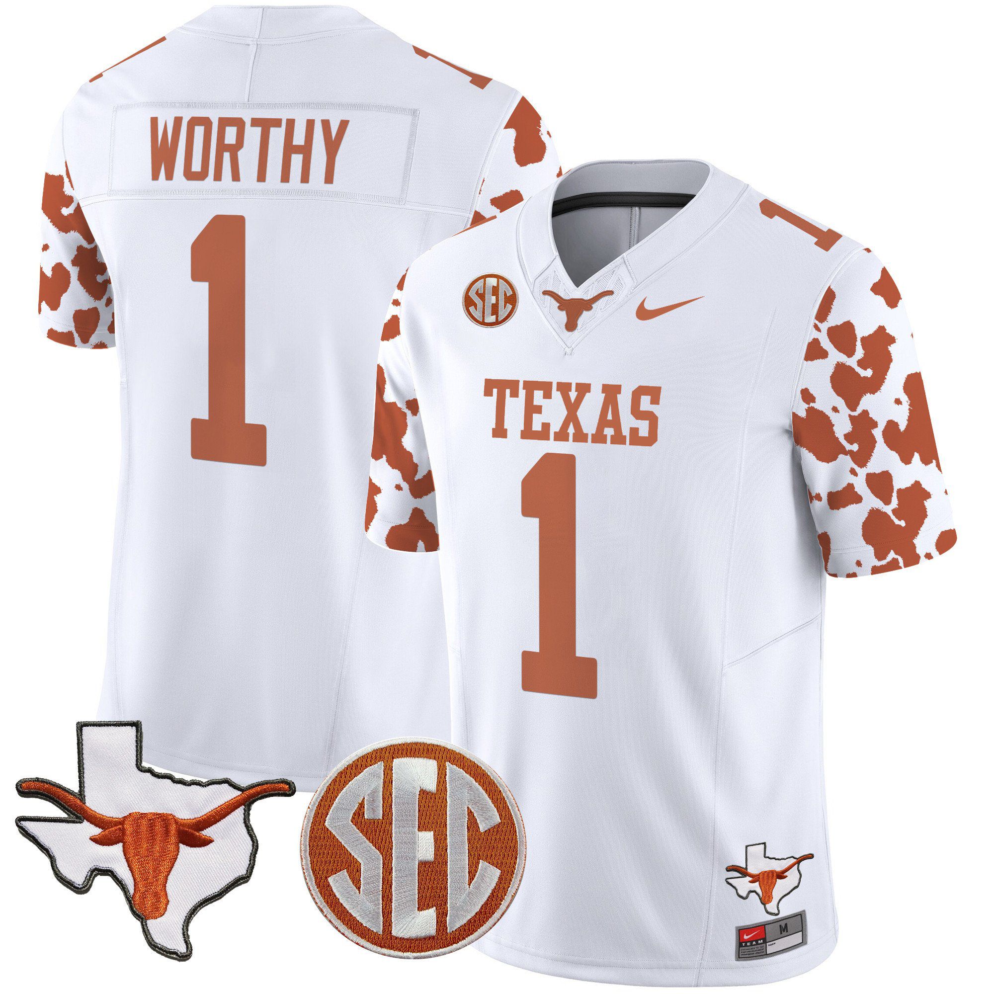 Men Texas Longhorns #1 Worthy White 2024 Nike Cow Spots Vapor Limited NCAA Jersey